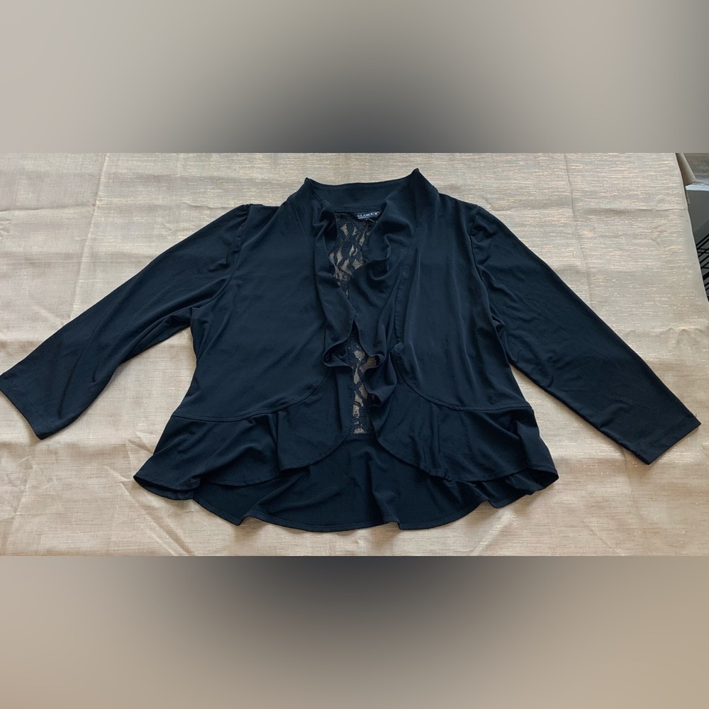 Glamour women’s black lace back ruffle cardigan shrug size L